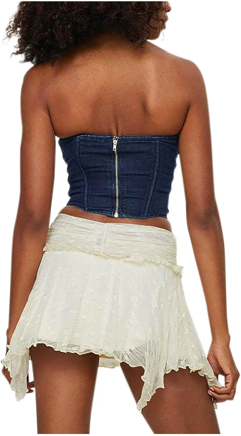 Mini Skirt for Women Solid Sexy Lace Low Rise Layered Pleated Flowy Skirts Casual Fashion Flowy Asymmetrical Skorts