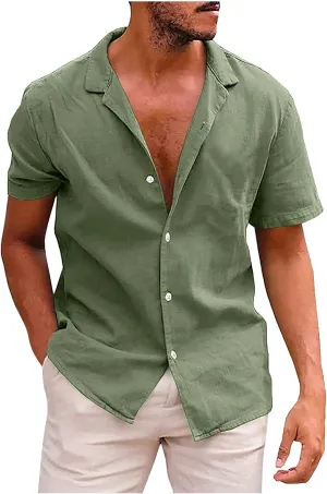 Muscularfit Button Down Shirt Men 2024 Summer Cotton Linen Short Sleeve Causal Shirt Big and Tall Solid Beach Collar Tshirt
