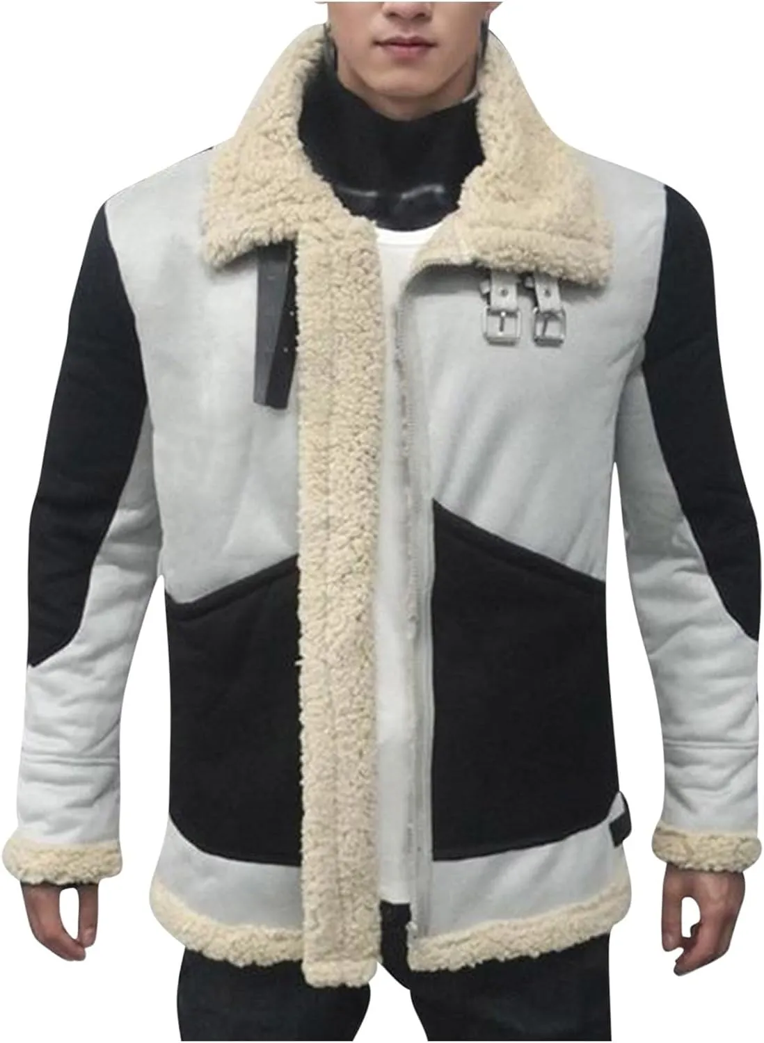 NATHGAM Mens Sherpa Lined Suede Jacket Faux Shearling Hunting Sheepskin Coat Thicken Outdoor Sport Lamb Wool Bomber Outerwear