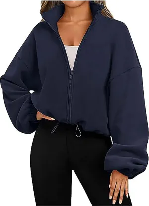 NATHGAM Womens Fleece Cropped Hoodies Jackets Loose Fit Lightweight Y2k Coats Baggy Outdoor Elastic Hem Gym Workout Outfits