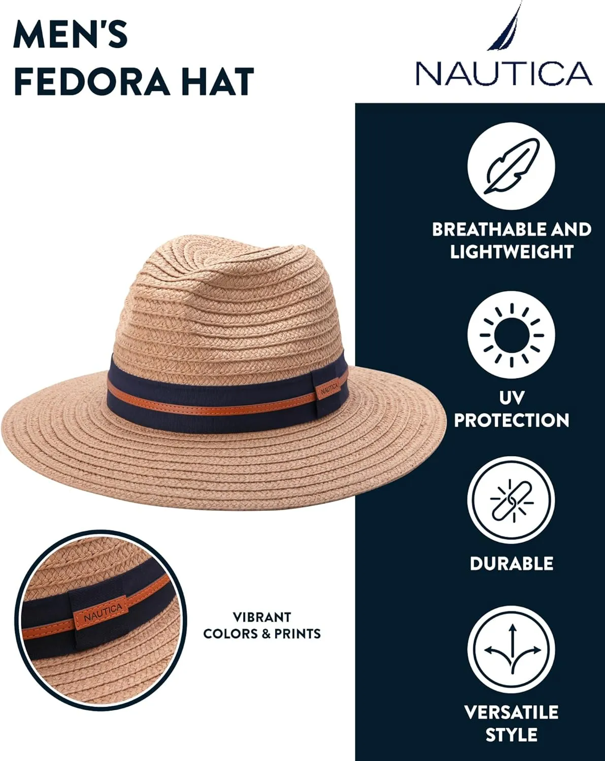 Nautica Men's Fedora Hat - Classic Brim Straw Sun Hat with UV Protection and Decorative Band for Outdoor Adventures