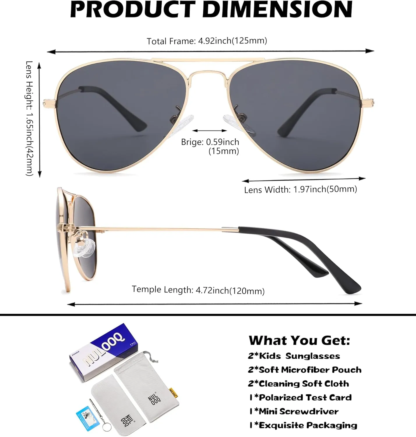 NULOOQ Kids Polarized Aviator Sunglasses – for Girls Boys Children & Cool Toddler Age 2-8, Metal Frame UV 400 Protection