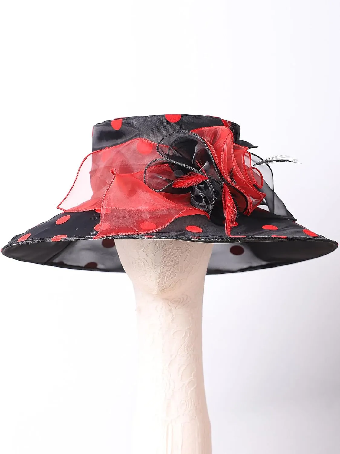 Organza Kentucky Dots Fascinator Hat for Women Ladies Wide Brim Big Sun Hats Wedding Church Hat Derby Cap