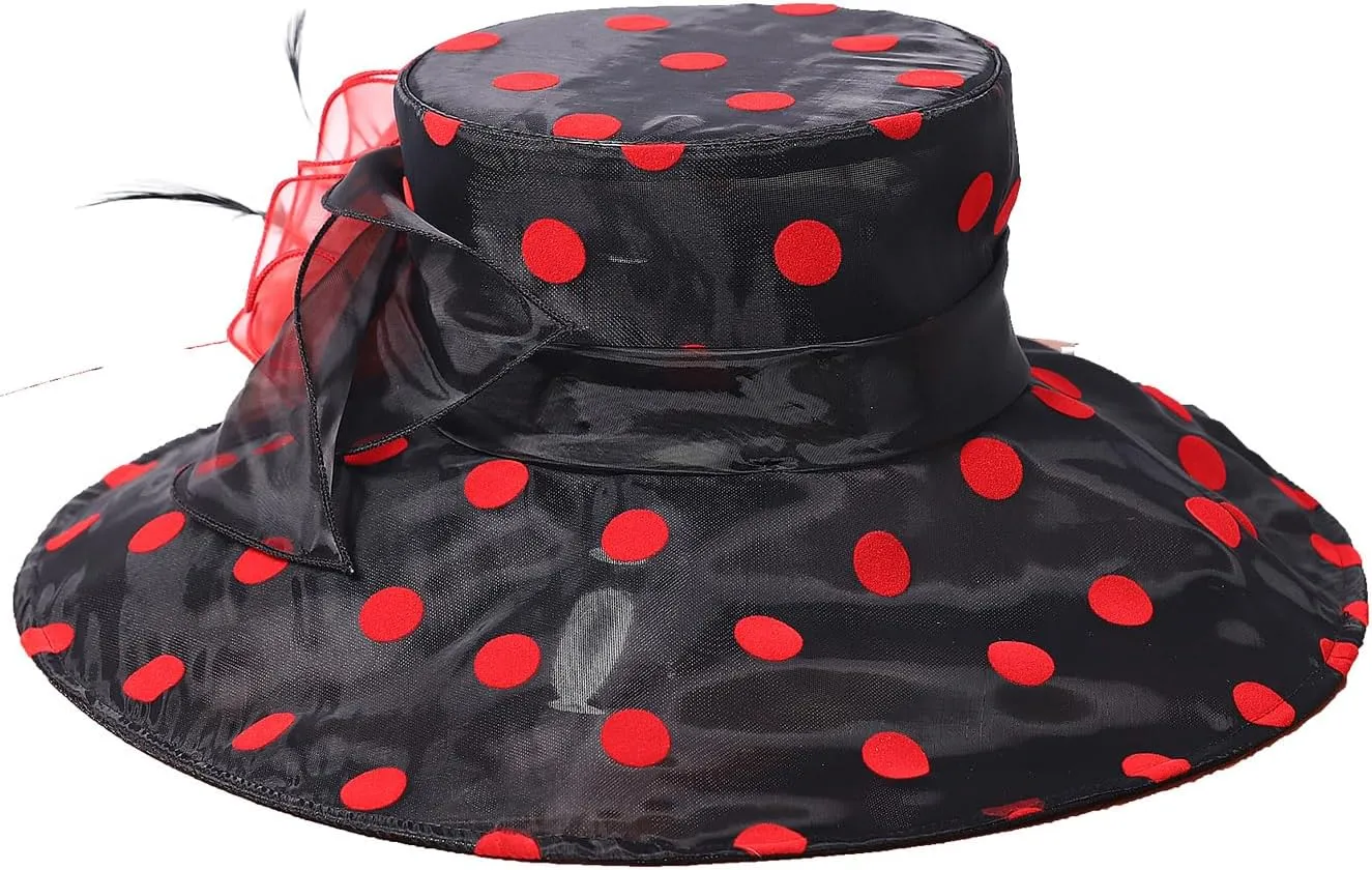 Organza Kentucky Dots Fascinator Hat for Women Ladies Wide Brim Big Sun Hats Wedding Church Hat Derby Cap