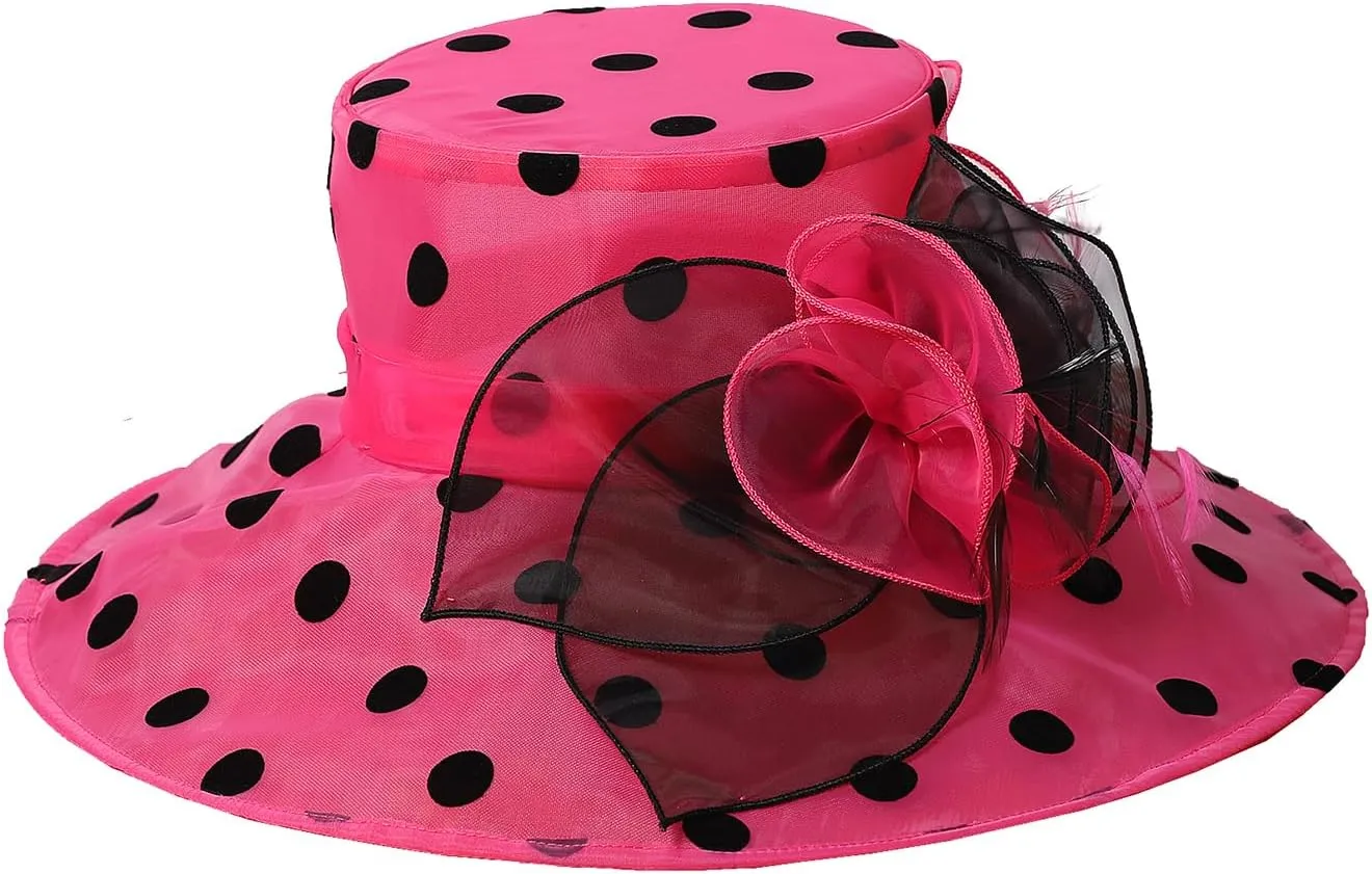 Organza Kentucky Dots Fascinator Hat for Women Ladies Wide Brim Big Sun Hats Wedding Church Hat Derby Cap