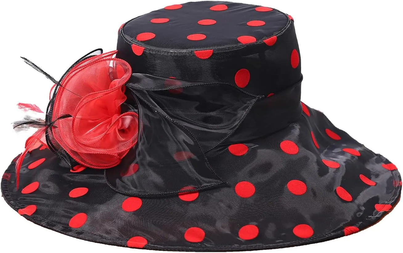 Organza Kentucky Dots Fascinator Hat for Women Ladies Wide Brim Big Sun Hats Wedding Church Hat Derby Cap