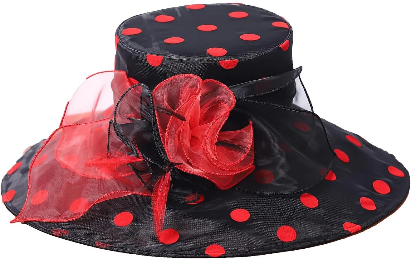 Organza Kentucky Dots Fascinator Hat for Women Ladies Wide Brim Big Sun Hats Wedding Church Hat Derby Cap
