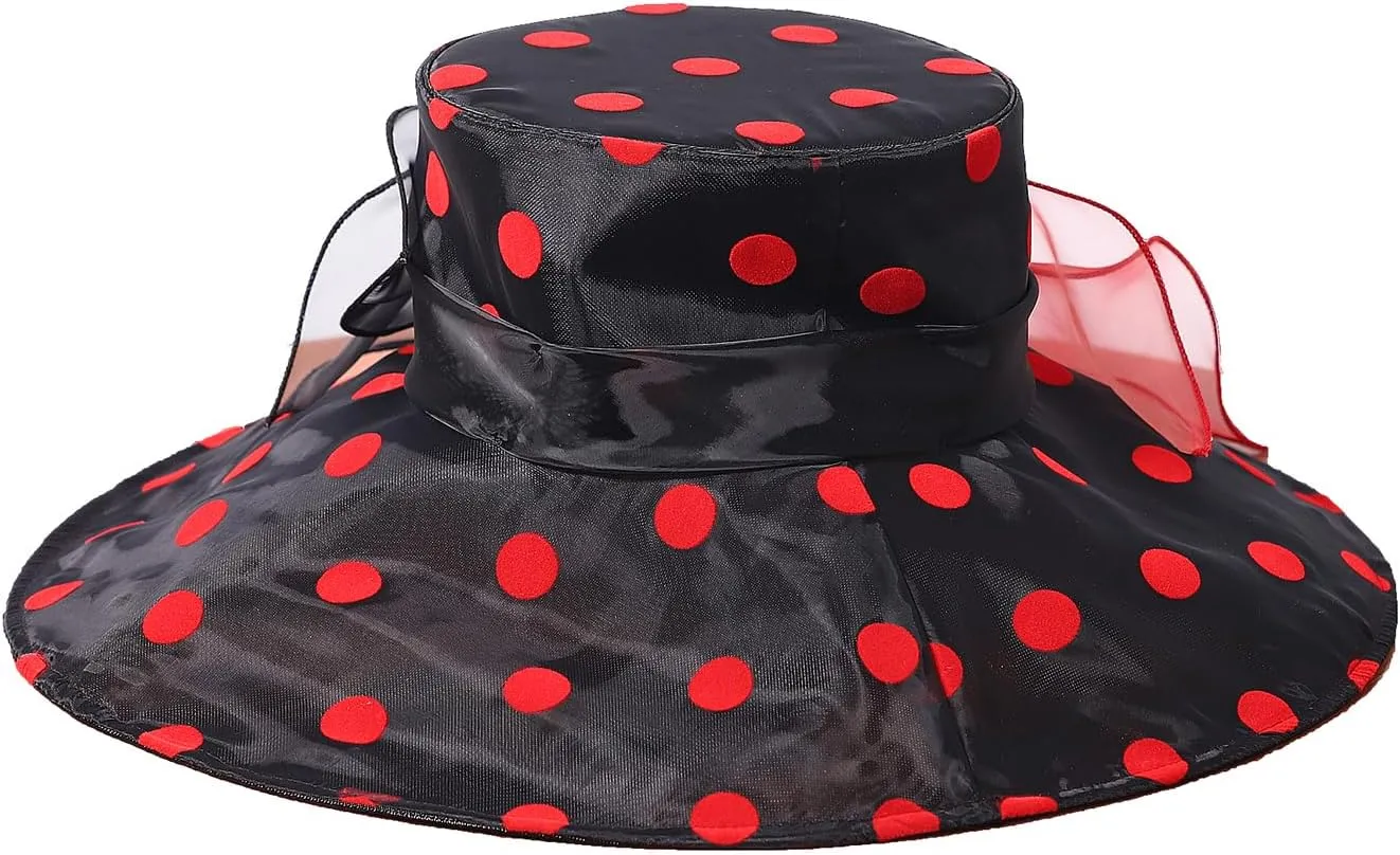 Organza Kentucky Dots Fascinator Hat for Women Ladies Wide Brim Big Sun Hats Wedding Church Hat Derby Cap