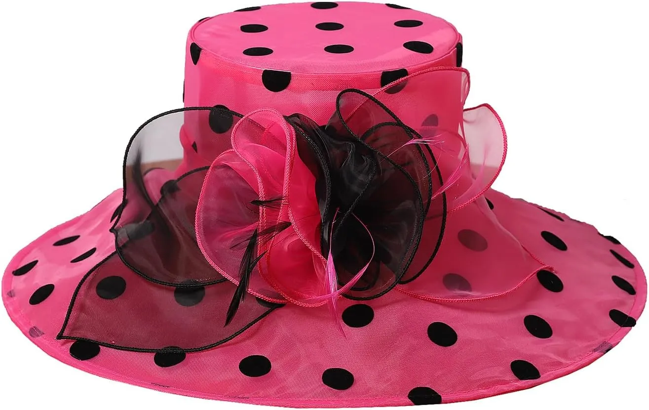 Organza Kentucky Dots Fascinator Hat for Women Ladies Wide Brim Big Sun Hats Wedding Church Hat Derby Cap