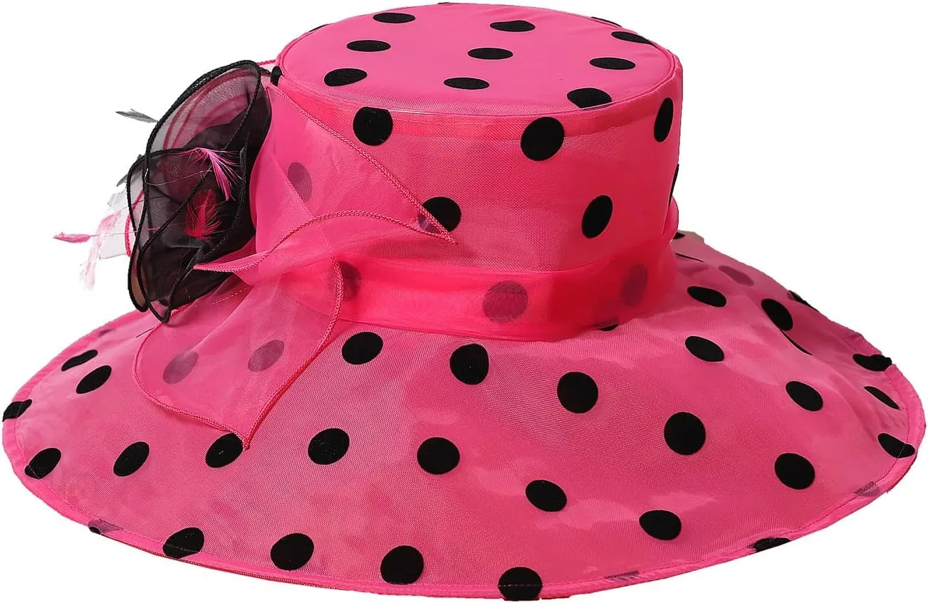Organza Kentucky Dots Fascinator Hat for Women Ladies Wide Brim Big Sun Hats Wedding Church Hat Derby Cap
