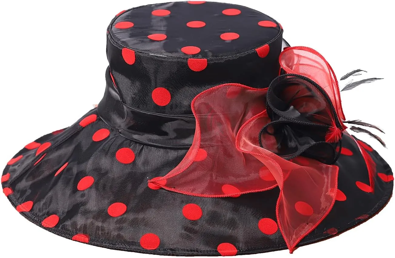 Organza Kentucky Dots Fascinator Hat for Women Ladies Wide Brim Big Sun Hats Wedding Church Hat Derby Cap