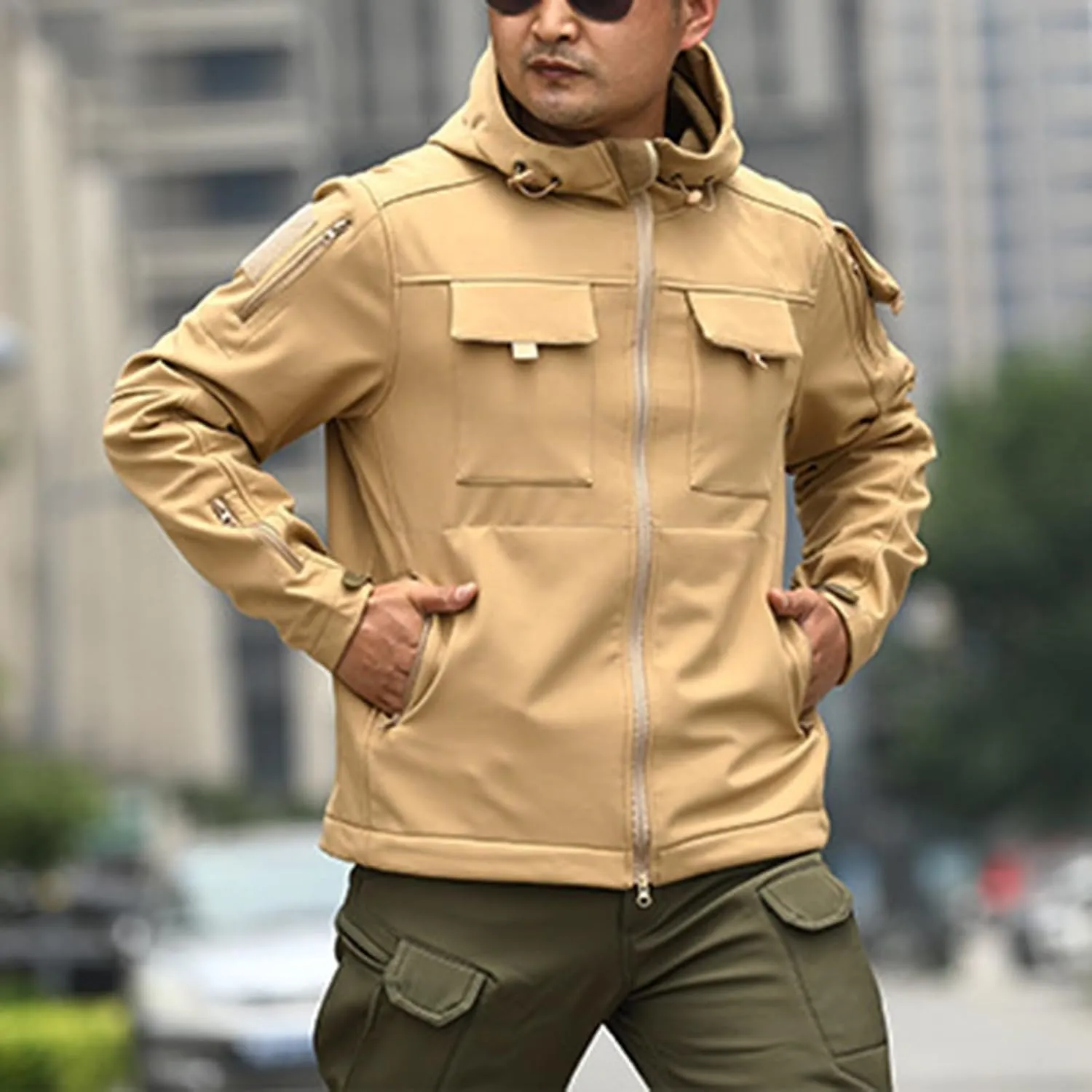 Outdoor Military Jackets for Men Long Sleeve Zip Up Hoodies Rain Jacket Men Cargo Jacket with Multi Utility Pockets