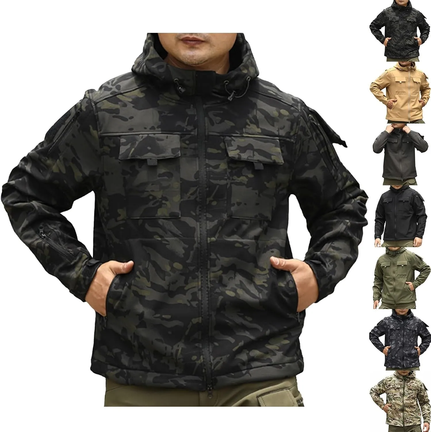Outdoor Military Jackets for Men Long Sleeve Zip Up Hoodies Rain Jacket Men Cargo Jacket with Multi Utility Pockets