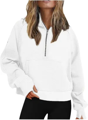 Oversized Sweatshirt for Women Fleece Lined Cropped Hoodies Half Zip Pullover Long Sleeve Workout Sweatshirt Pockets
