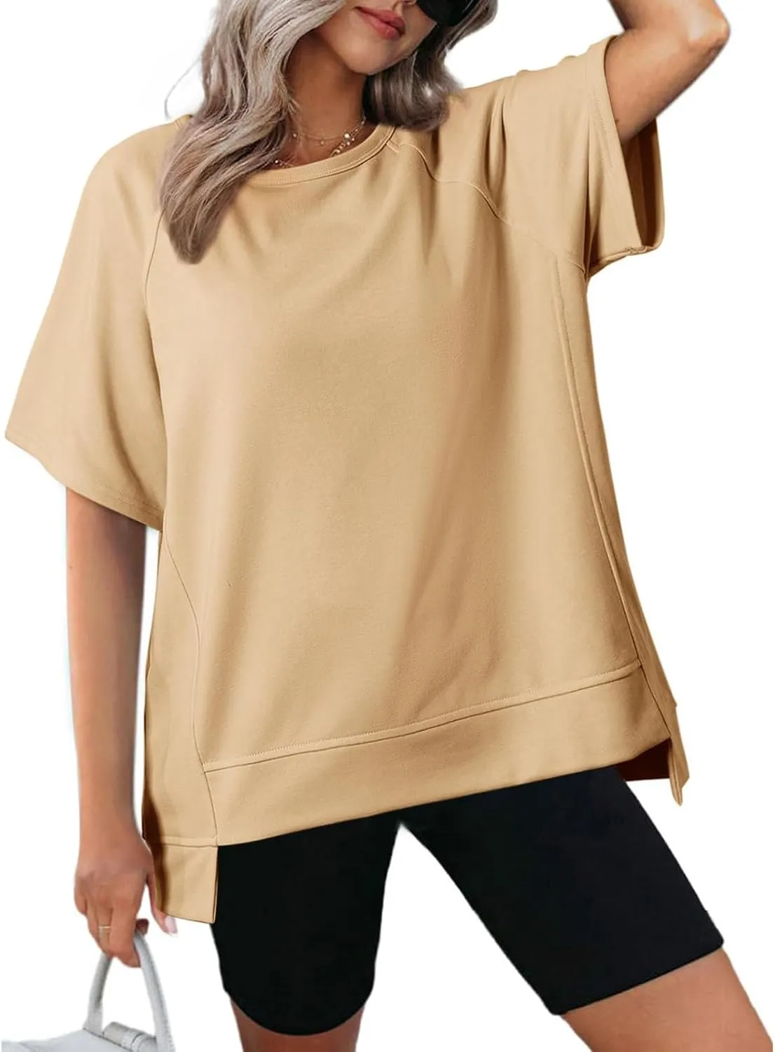 Oversized T Shirts for Women Crewneck Short Sleeve Casual Summer Tunic Tops Trendy Solid Loose Fit High Low Blouses