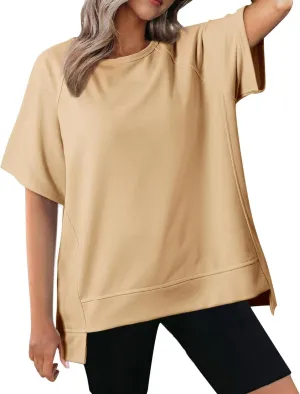 Oversized T Shirts for Women Crewneck Short Sleeve Casual Summer Tunic Tops Trendy Solid Loose Fit High Low Blouses