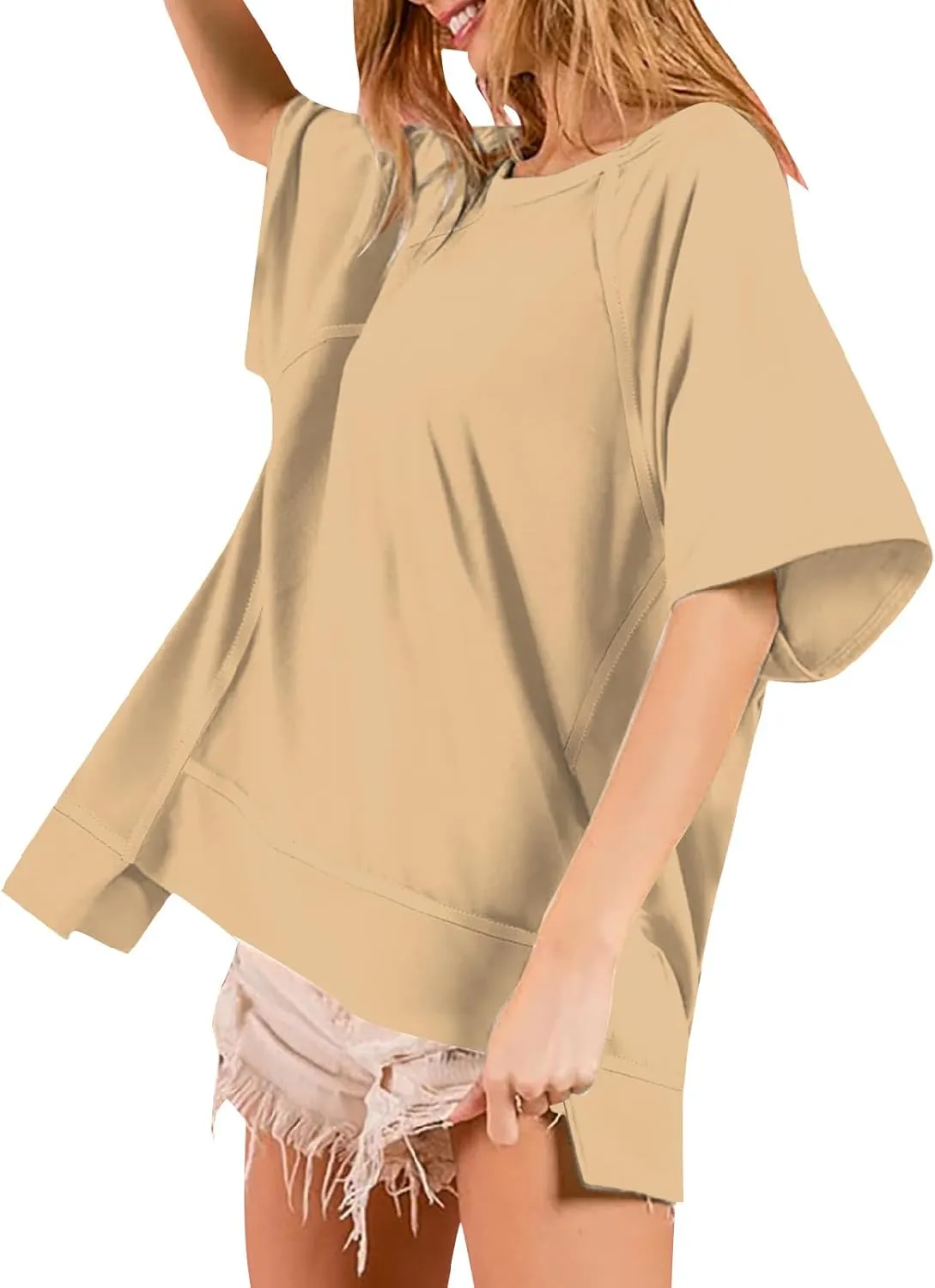 Oversized T Shirts for Women Crewneck Short Sleeve Casual Summer Tunic Tops Trendy Solid Loose Fit High Low Blouses