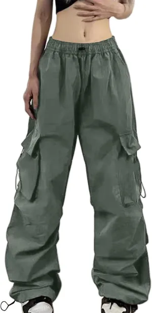 Parachute Pants for Women Elastic High Waist Cargo Pants Y2K Quick Dry Joggers Baggy Lounge Trousers Multiple Pockets