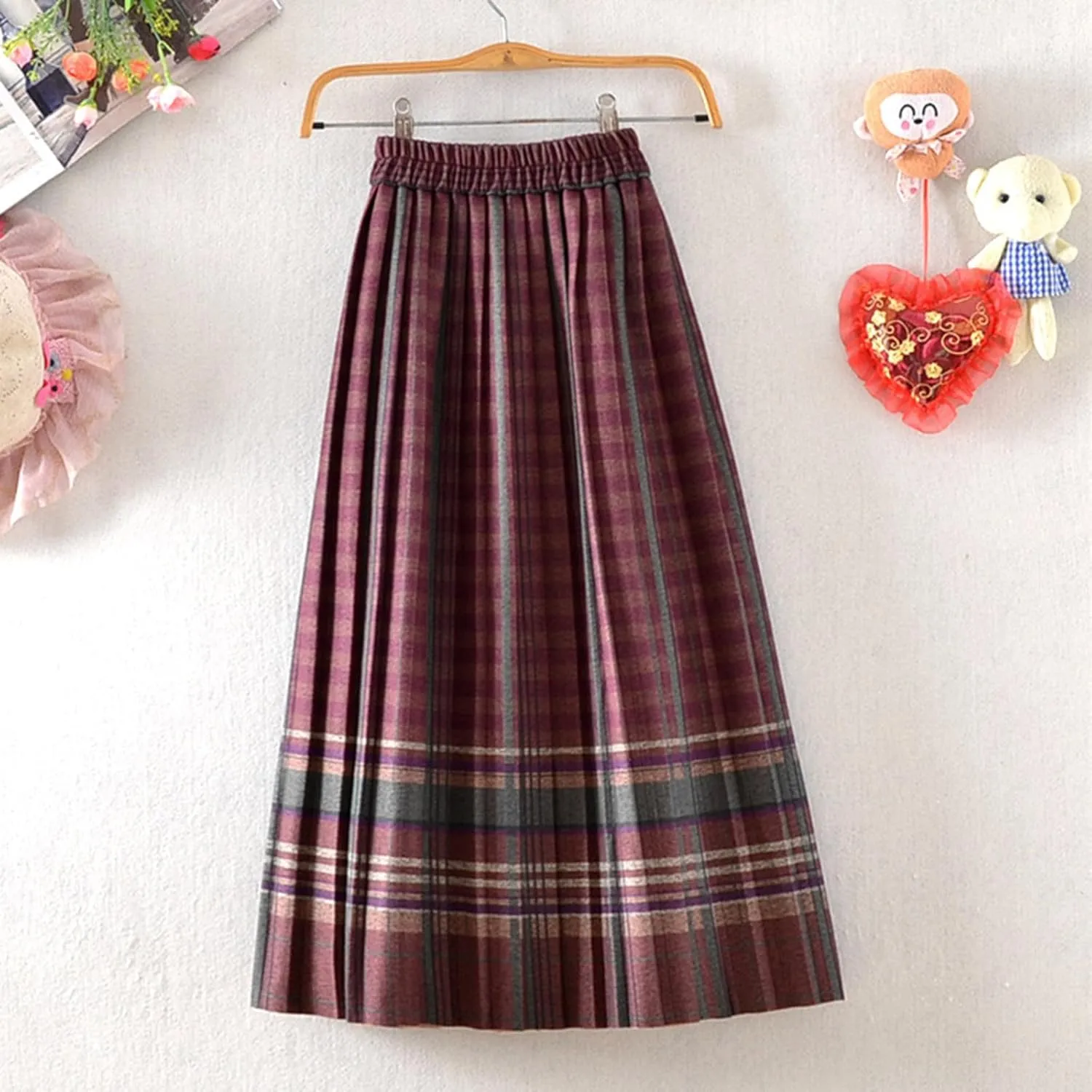 Plaid Skirt for Women's Vintage High Waist Wool Blend A-Line Skirts Trendy Elastic Waist Ruffle Long Maxi Skirt