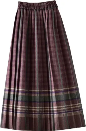 Plaid Skirt for Women's Vintage High Waist Wool Blend A-Line Skirts Trendy Elastic Waist Ruffle Long Maxi Skirt