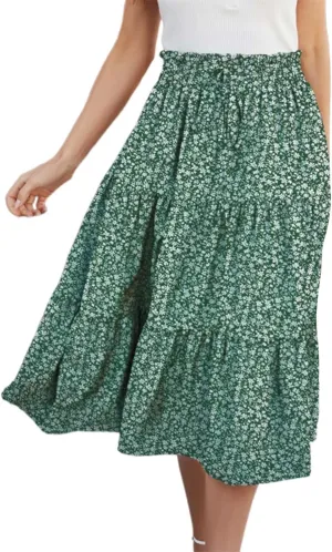 Pleated Skirts for Women Summer Vacation Casual High Elastic Waist Trendy Ruffles Tummy Control A-Line Flowy Midi Skirts