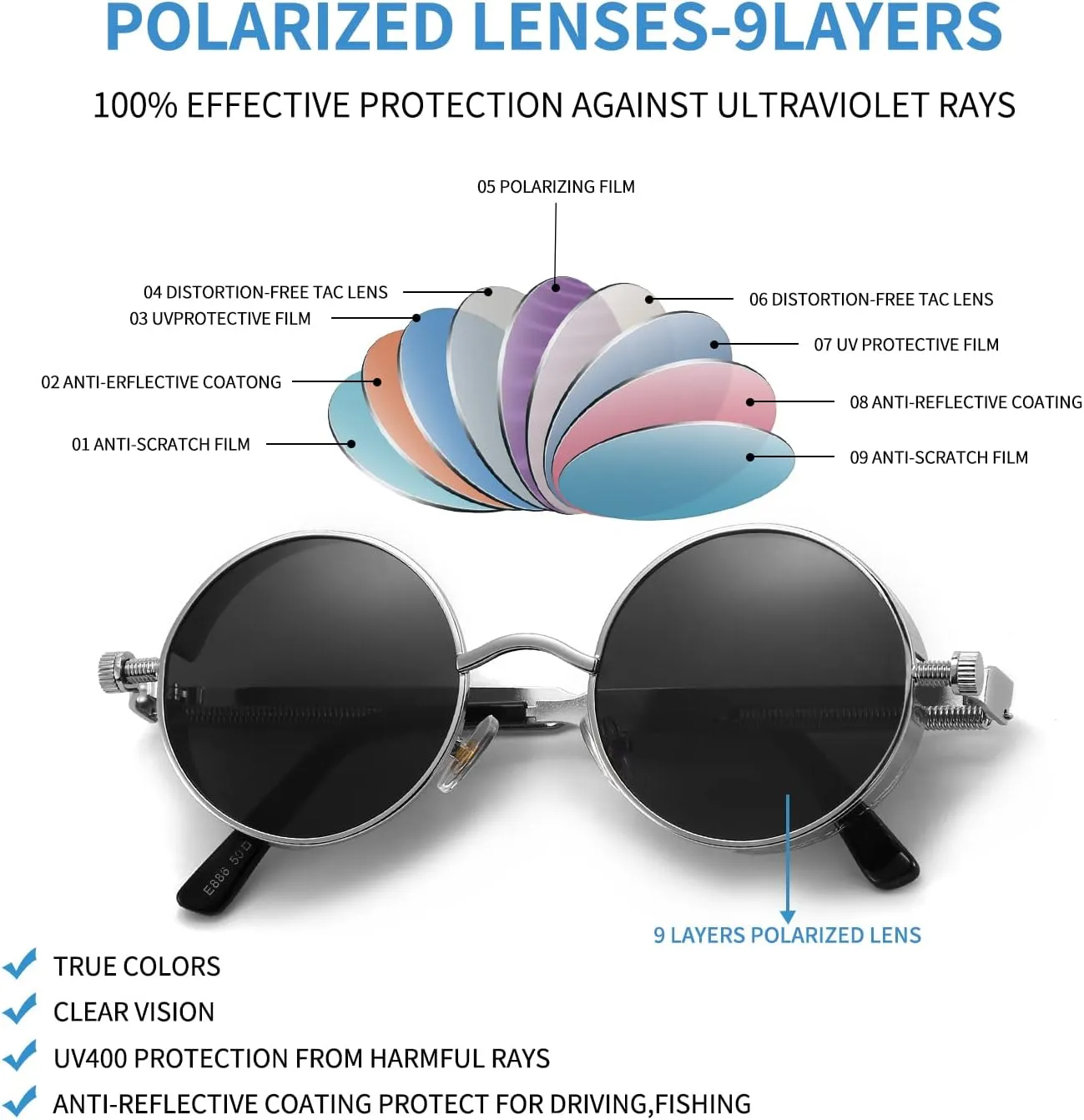 Polarized Steampunk Sunglasses, Round Lennon Shades for Outdoor Activities, Fashion Cool Eyewear