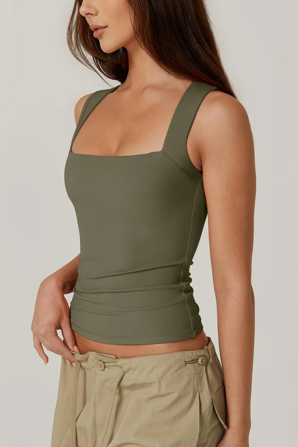 QINSEN Women's Square Neck Sleeveless Double-Layer Tank Tops Basic Tight T Shirts