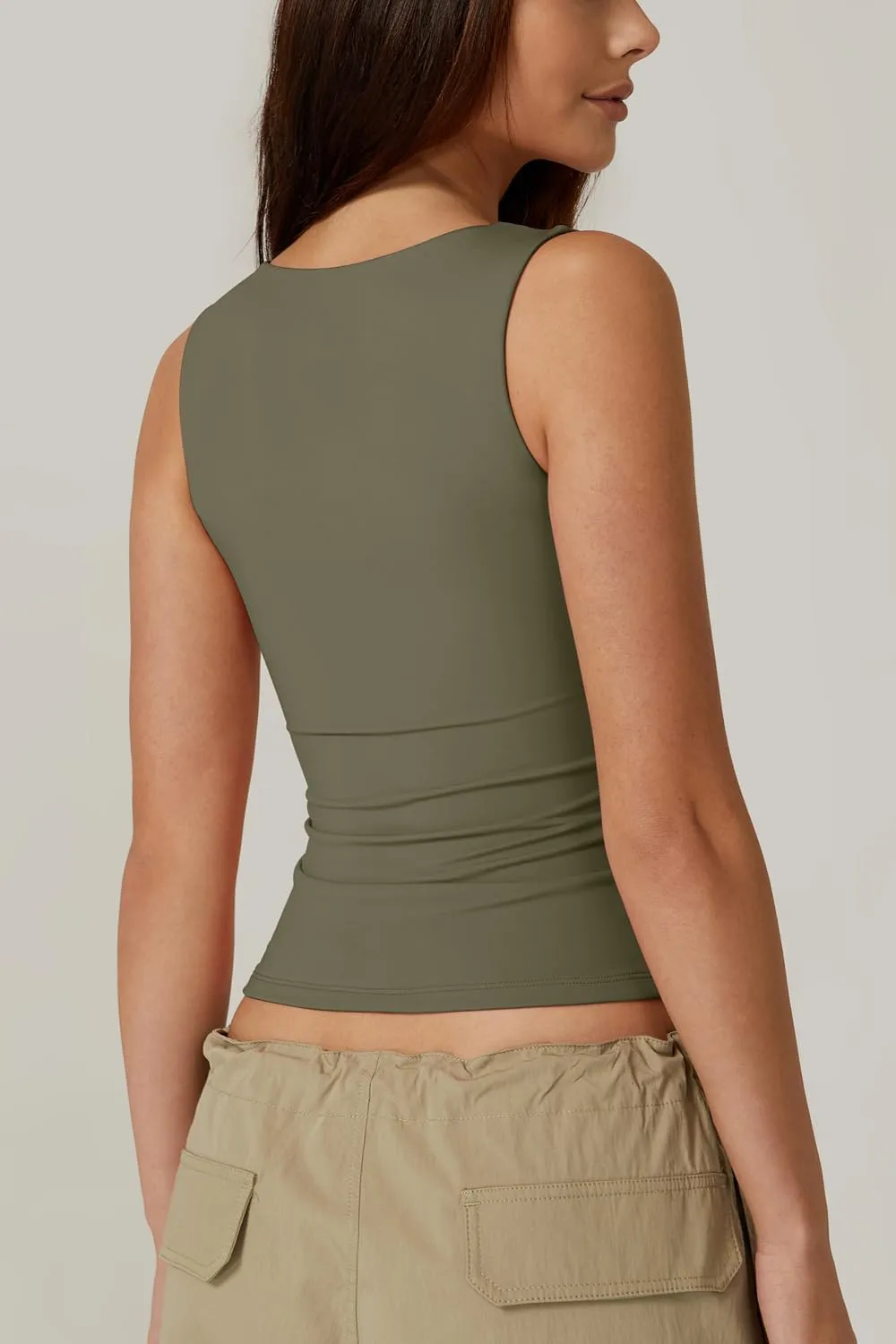 QINSEN Women's Square Neck Sleeveless Double-Layer Tank Tops Basic Tight T Shirts