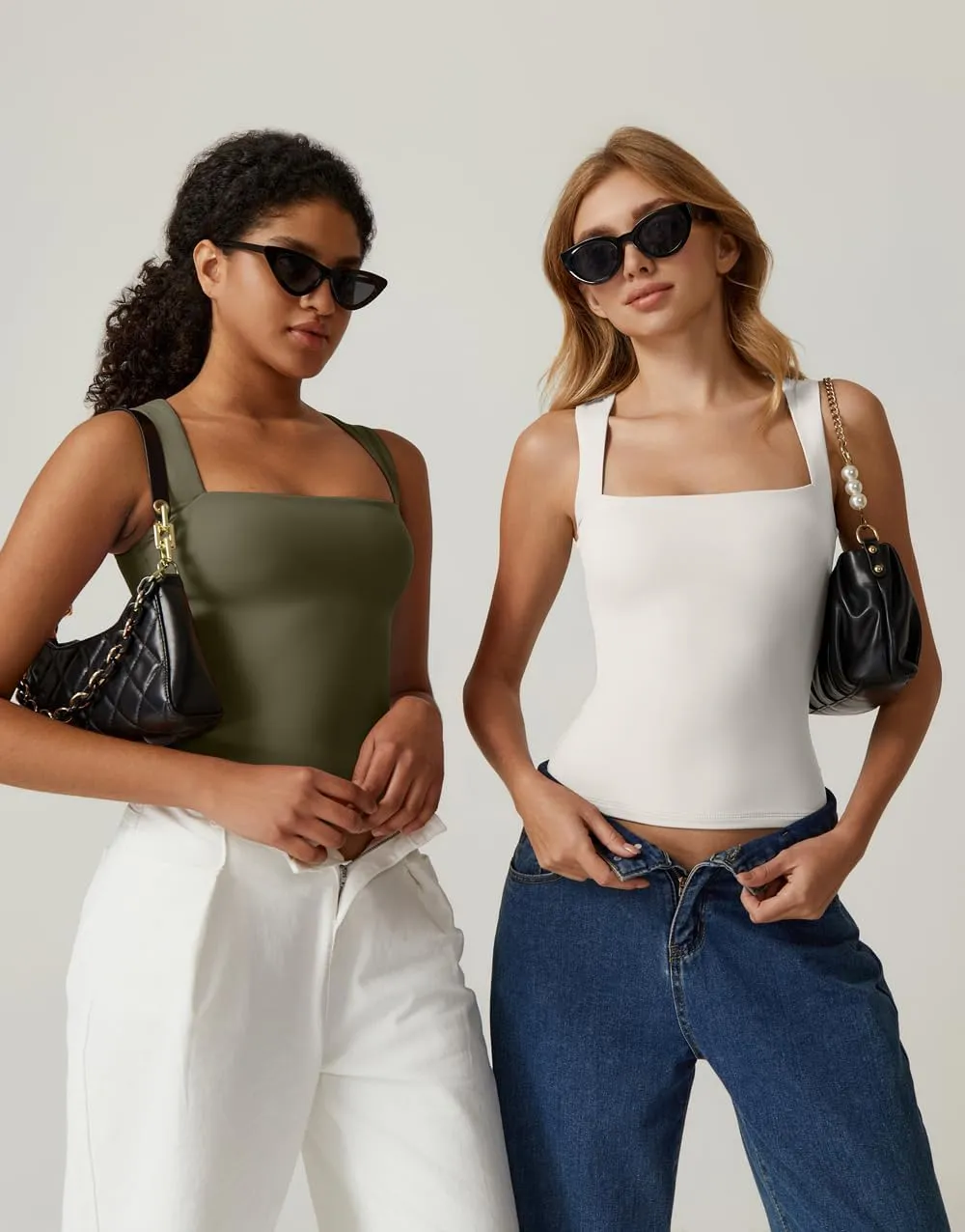 QINSEN Women's Square Neck Sleeveless Double-Layer Tank Tops Basic Tight T Shirts