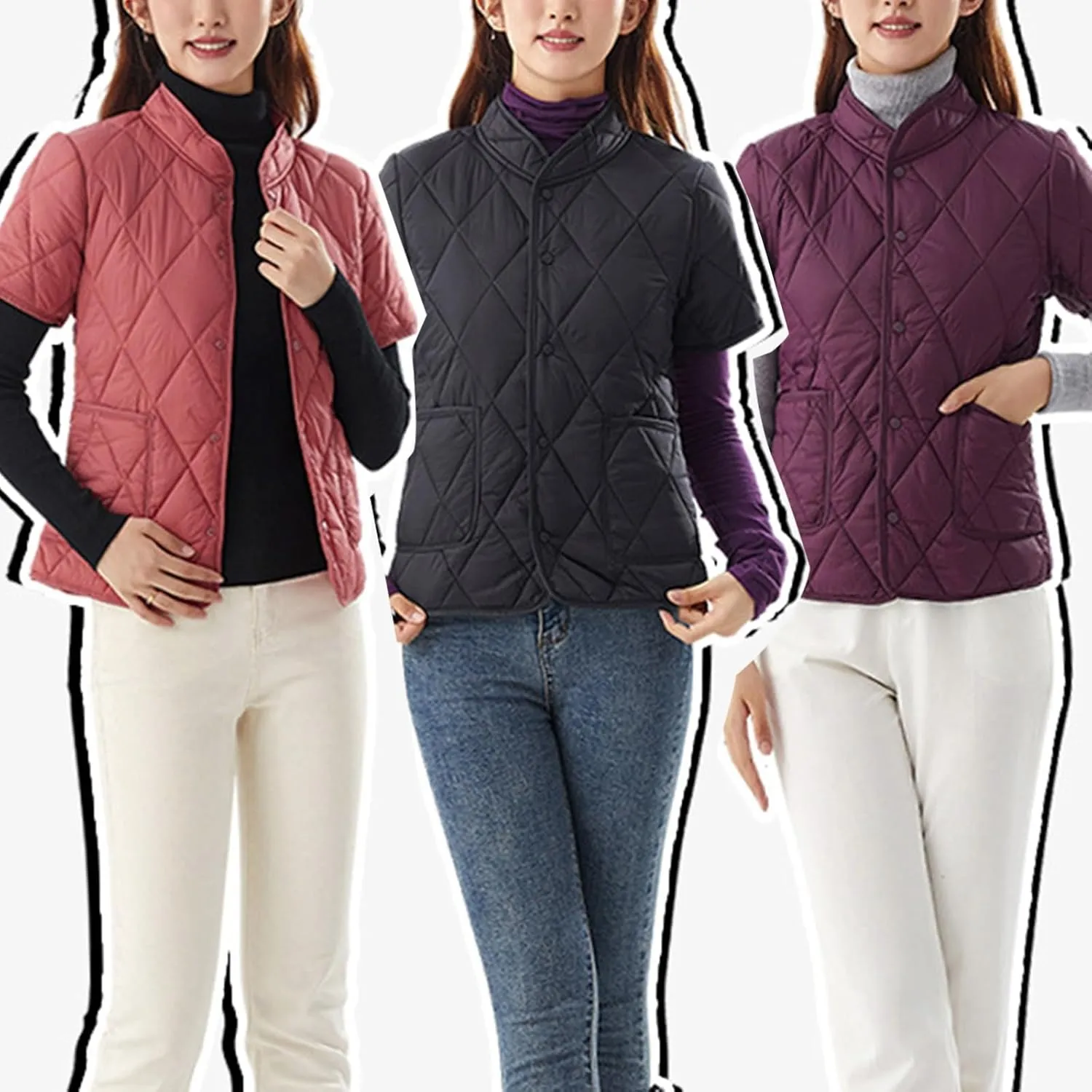 Quilted Jackets for Women Lightweight Petite Cropped Puffer Down Jackets Parkas Button Short Sleeve Fall Winter Coat