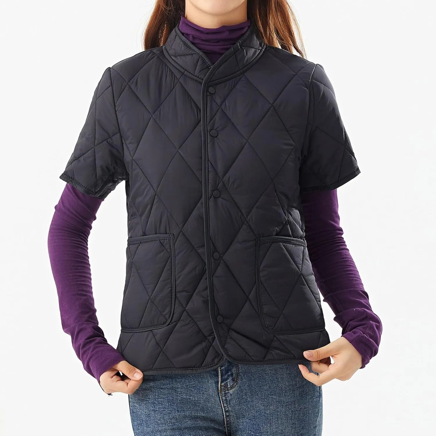 Quilted Jackets for Women Lightweight Petite Cropped Puffer Down Jackets Parkas Button Short Sleeve Fall Winter Coat