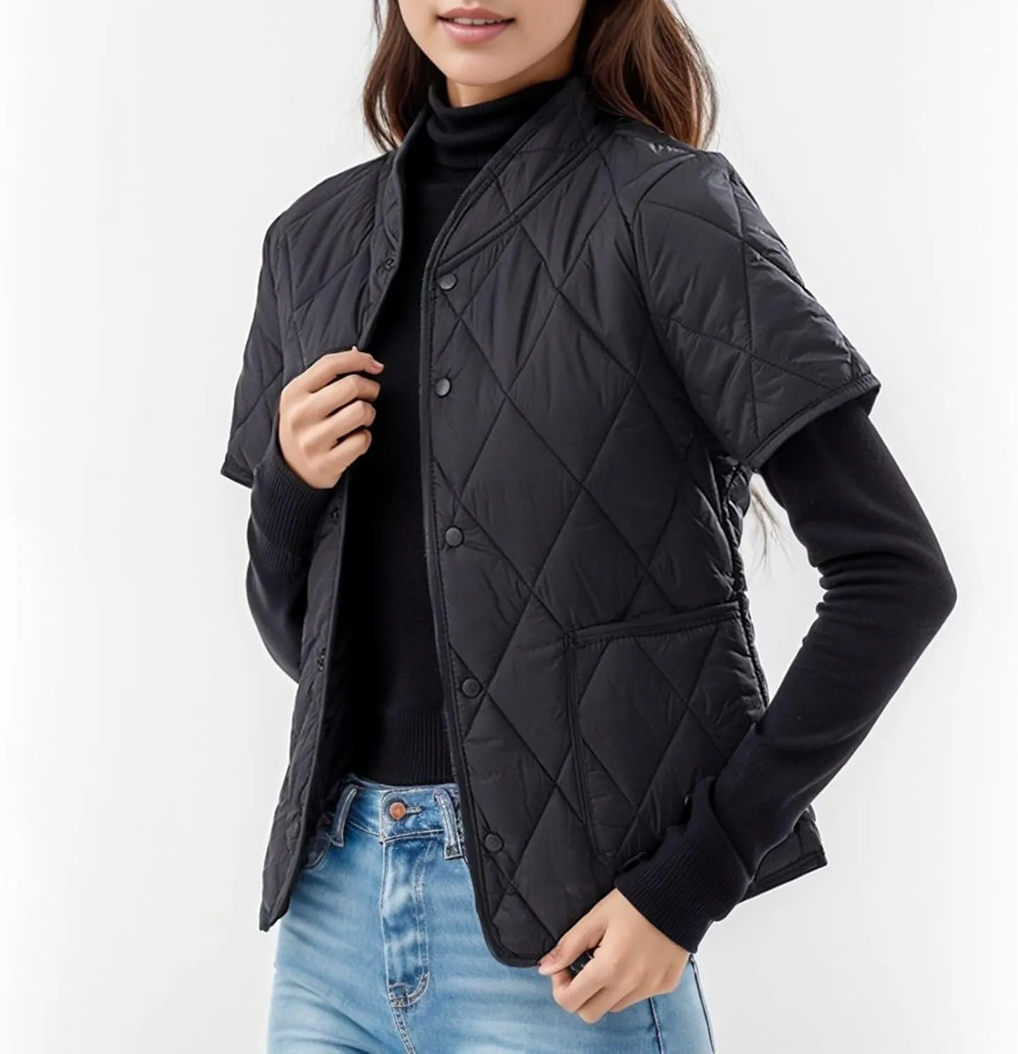 Quilted Jackets for Women Lightweight Petite Cropped Puffer Down Jackets Parkas Button Short Sleeve Fall Winter Coat