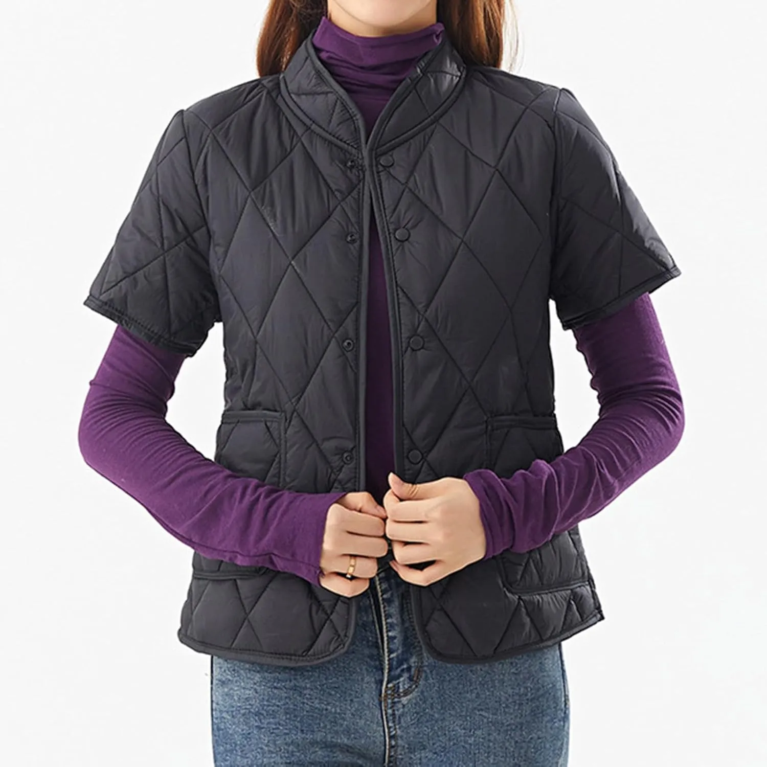 Quilted Jackets for Women Lightweight Petite Cropped Puffer Down Jackets Parkas Button Short Sleeve Fall Winter Coat