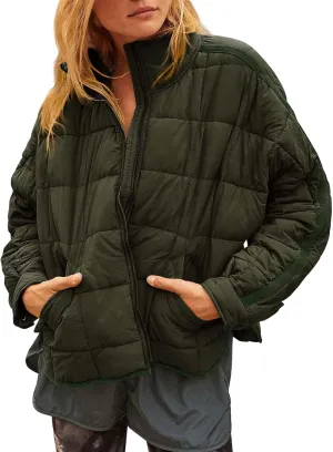 Quilted Jackets for Women Lightweight Puffer Jackets Packable Down Coat Casual Long Sleeve Tops Warm Winter Coat