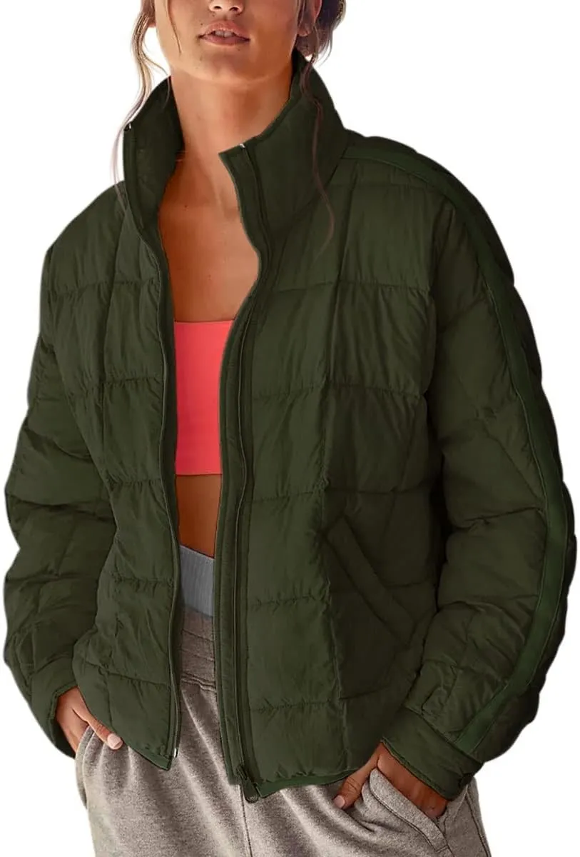 Quilted Jackets for Women Lightweight Puffer Jackets Packable Down Coat Casual Long Sleeve Tops Warm Winter Coat