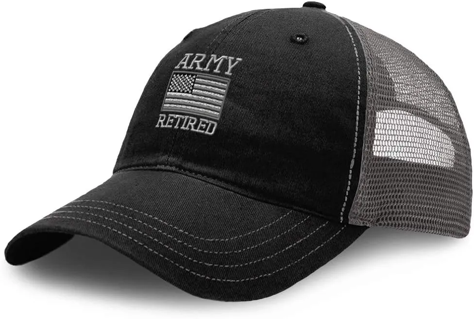 Richardson Mesh Hat Us Army Retired Embroidery Cotton Dad Hats for Men & Women Snapback Black Charcoal