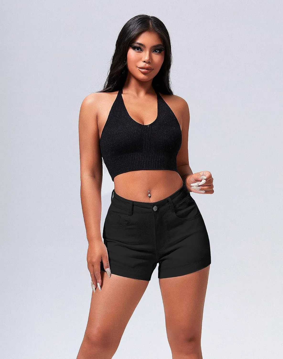 roswear Women's Casual Summer High Waisted Basic Jean Shorts Stretchy Denim Shorts