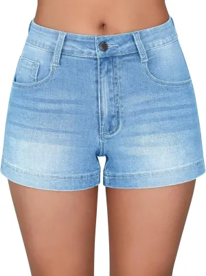 roswear Women's Casual Summer High Waisted Basic Jean Shorts Stretchy Denim Shorts