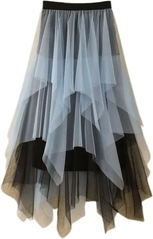 Ruffle Skirt for Women Trendy High Elastic Waist Retro Mesh Sheer Loose A-Line Long Skirts for Women Summer Vacation