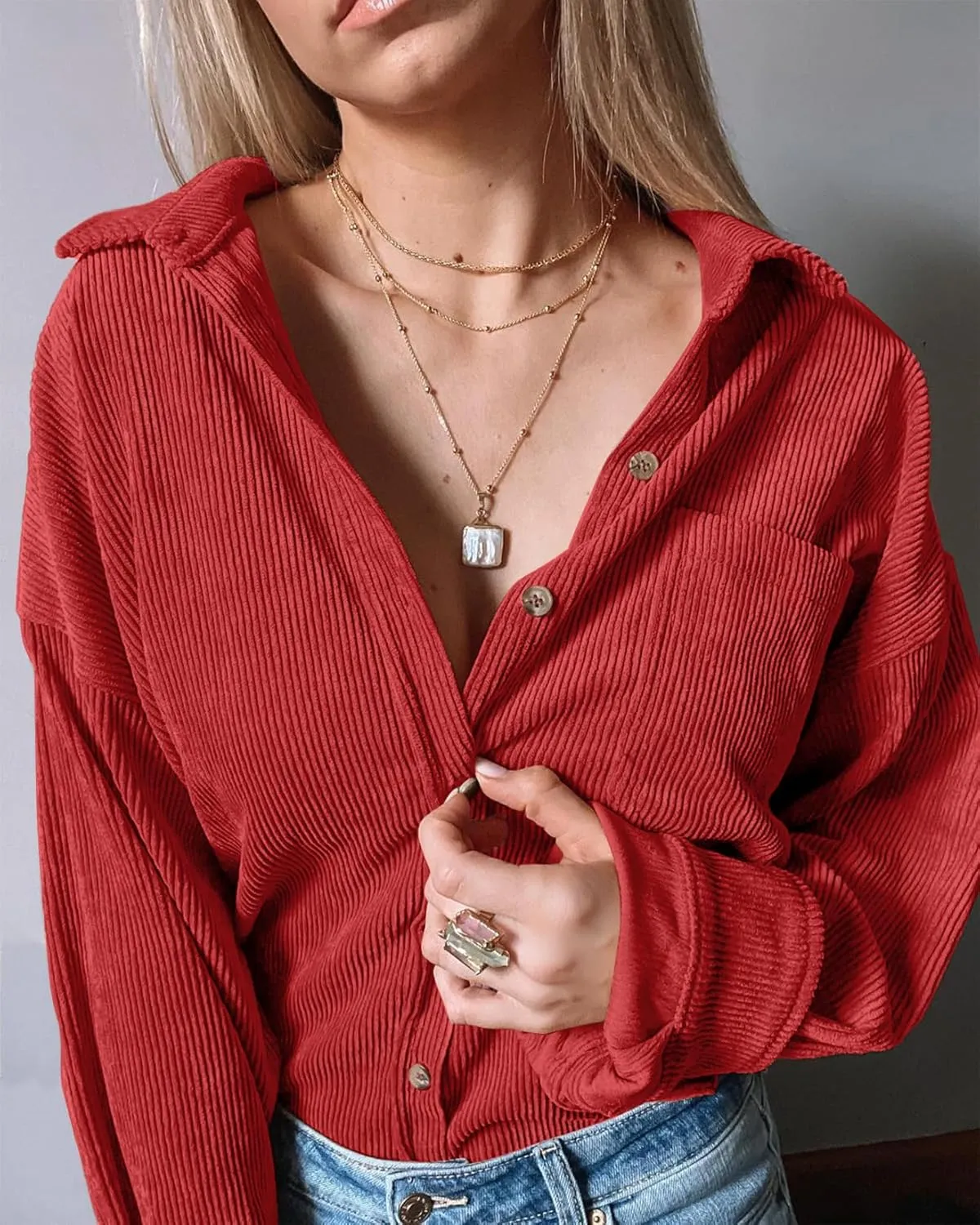 Saslax Womens Corduroy Shirt Long Sleeve Oversized Button Up V Neck Blouses Tops Loose Shacket Jacket