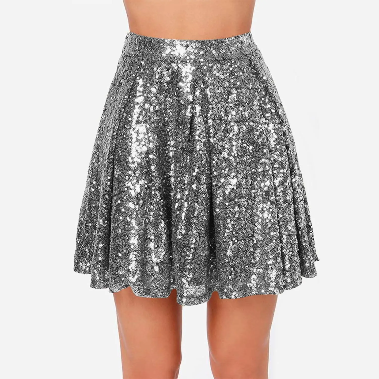 Sequin Mini Skirt for Women A-line Basic Skirt Stretchy Flared Casual Pleated Sparkly Skater Skirts Short Rave Skirt
