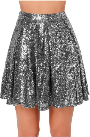 Sequin Mini Skirt for Women A-line Basic Skirt Stretchy Flared Casual Pleated Sparkly Skater Skirts Short Rave Skirt