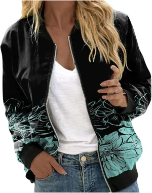 SHAOBGE Womens Casual Daily Jackets Lightweight Zip Up Casual Jacket Floral Print Coat Stand Collar Short Women's Utility