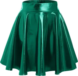 Shiny Metallic Skirts for Women Wet Look Pleated Flared Mini Skater Skirt Rave Outfits for Women Festival Holographic Skirt