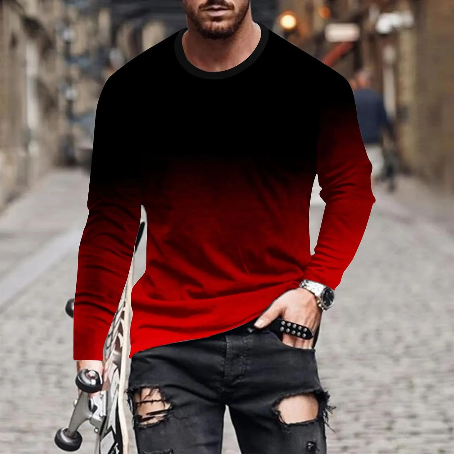 Shirts for Men Long Sleeve Casual Loose Gradient Color Print Crewneck Sweatshirt Lightweight Gym Workout Pullover Top