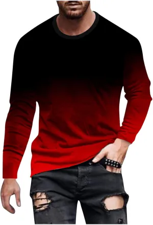 Shirts for Men Long Sleeve Casual Loose Gradient Color Print Crewneck Sweatshirt Lightweight Gym Workout Pullover Top