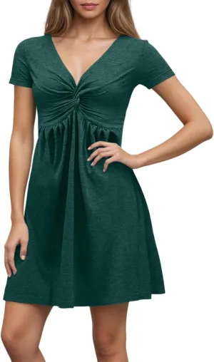 Short Shift Dresses for Women 2025 Boho Cotton Short Sleeve V Neck T Shirt Dress Comfy Wedding Guest Country Concert Outfits