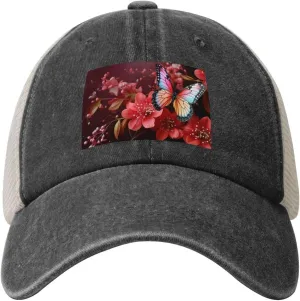 Snapback Trucker Hats Red Flower and Butterfly Cowboy Baseball Caps Adjustable Blank Mesh Ball Caps for Men Women