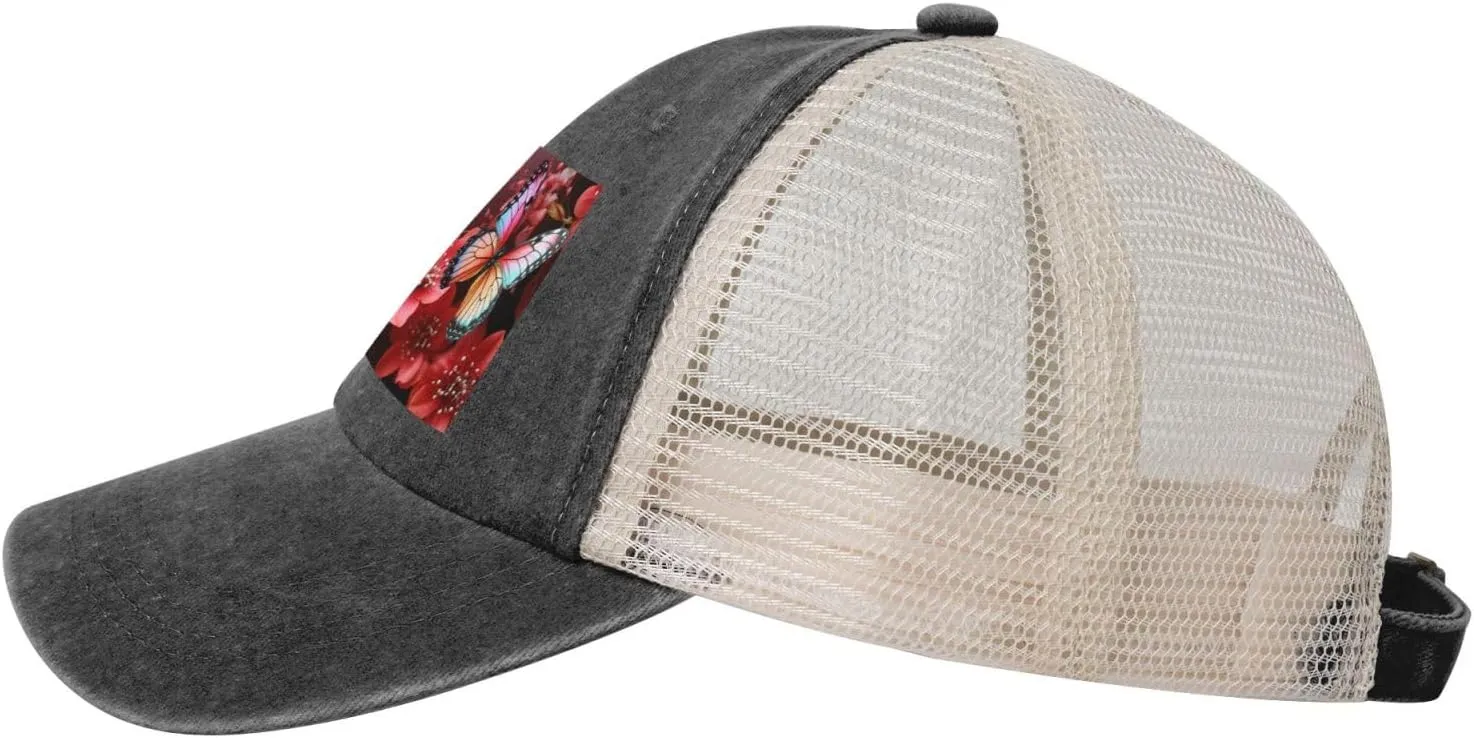 Snapback Trucker Hats Red Flower and Butterfly Cowboy Baseball Caps Adjustable Blank Mesh Ball Caps for Men Women