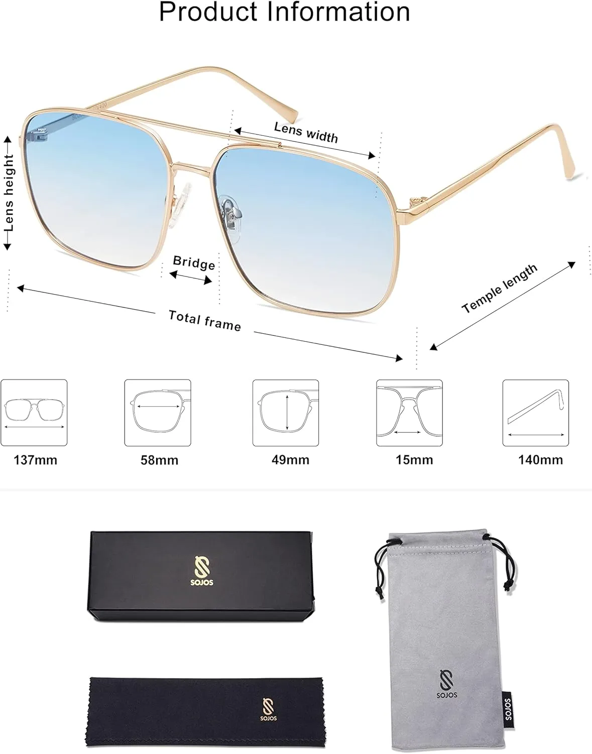 SOJOS Retro Square Aviator Sunglasses Womens Mens Aesthetic Y2k Light Lens Shades SJ1176